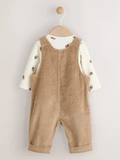 Rompertjes En Tuinbroeken|Sets En Outfits*Next Bruin met bruine beer - Corduroy bretelbroeken en Bodysuit set (0mnd-2jr)