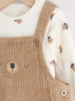 Rompertjes En Tuinbroeken|Sets En Outfits*Next Bruin met bruine beer - Corduroy bretelbroeken en Bodysuit set (0mnd-2jr)