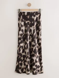 Rokken*Next - Satijnen midirok Bruin met dierenprint