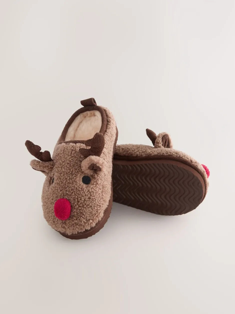 Pantoffels|Next Bruin rendier - Kerstmis Gezellige Pantoffel Muiltjes