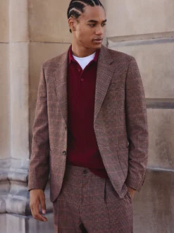 Pakken*Next Bruin/rood - Slim fit wolmix geruit pak: jack