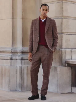Pakken*Next Bruin/rood - Slim fit wolmix geruit pak: jack