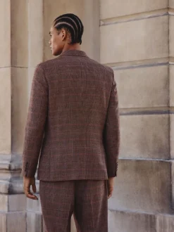 Pakken*Next Bruin/rood - Slim fit wolmix geruit pak: jack