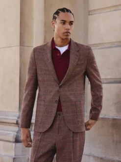 Pakken*Next Bruin/rood - Slim fit wolmix geruit pak: jack