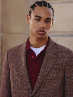 Pakken*Next Bruin/rood - Slim fit wolmix geruit pak: jack
