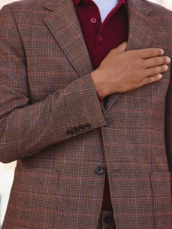 Pakken*Next Bruin/rood - Slim fit wolmix geruit pak: jack