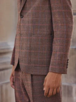 Pakken*Next Bruin/rood - Slim fit wolmix geruit pak: jack