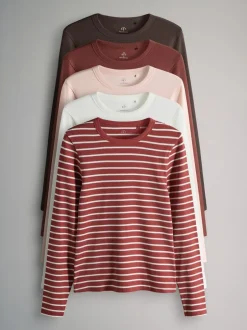 Tops En T-Shirts*The Set Bruin/Roze/Wit/Strepen - van 5 geribbelde T-shirts met lange mouwen