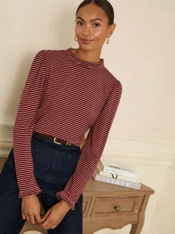 Blouses En Overhemden|Love & Roses Burgundy Red And Beige Stripe - jersey top met ruches aan de hals en lange mouwen