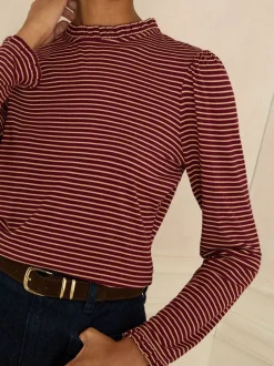 Blouses En Overhemden|Love & Roses Burgundy Red And Beige Stripe - jersey top met ruches aan de hals en lange mouwen