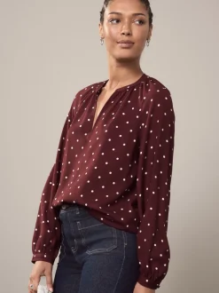 Blouses En Overhemden|Next Burgundy Red Polka Dot - Blouse met V-hals en lange mouwen