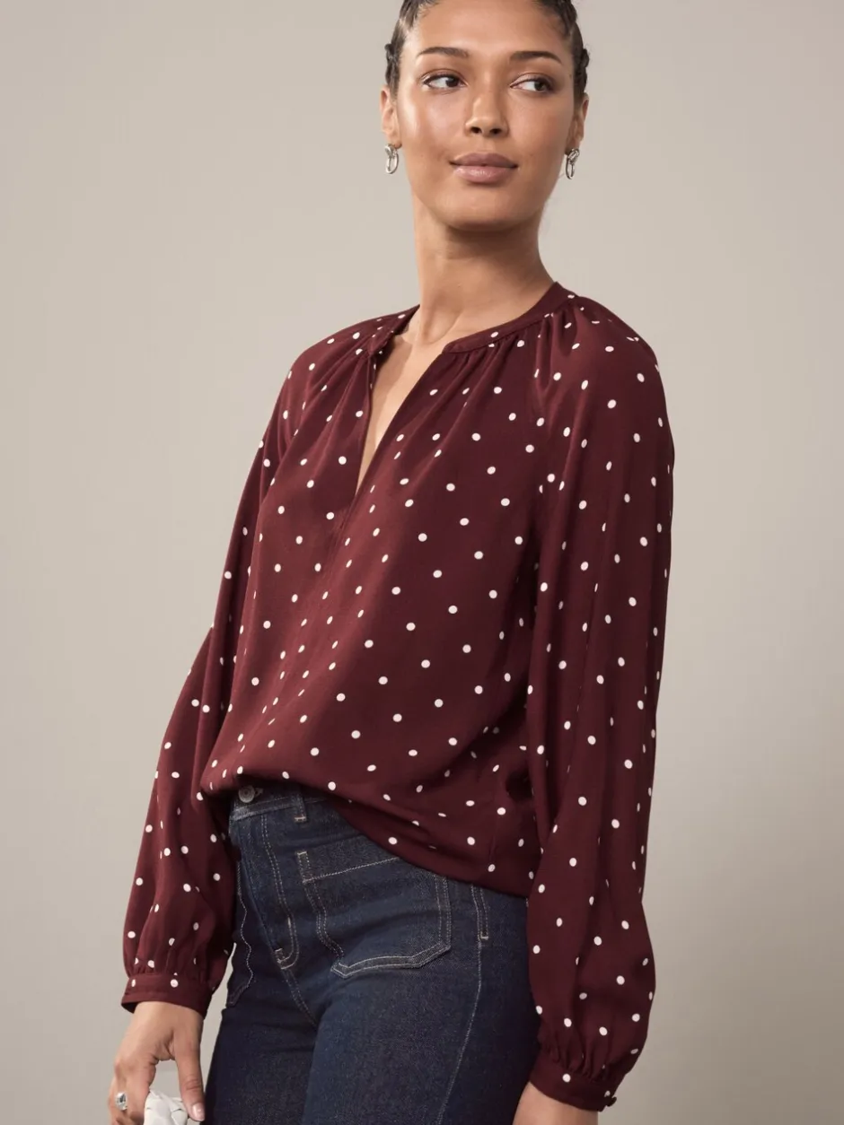 Blouses En Overhemden|Next Burgundy Red Polka Dot - Blouse met V-hals en lange mouwen