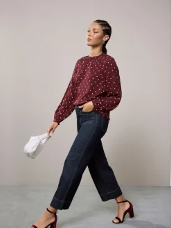 Blouses En Overhemden|Next Burgundy Red Polka Dot - Blouse met V-hals en lange mouwen