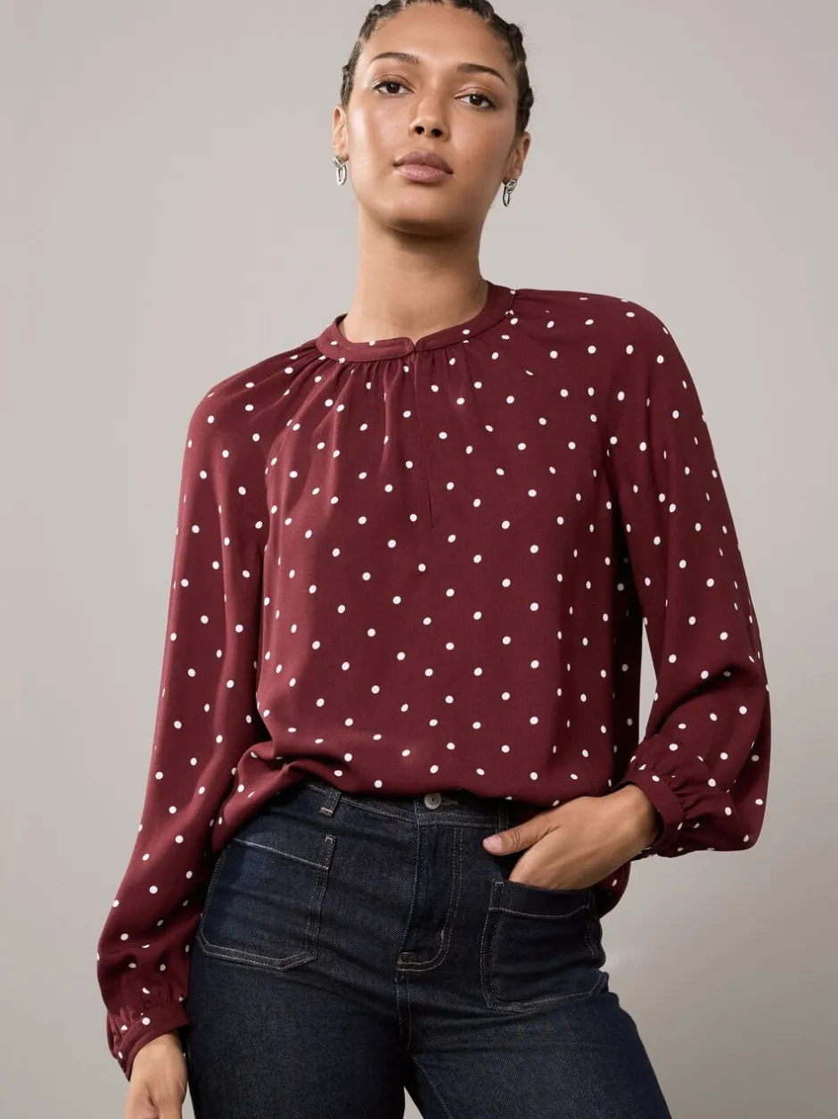 Blouses En Overhemden|Next Burgundy Red Polka Dot - Blouse met V-hals en lange mouwen