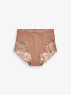 Shapewear*Next - Verpakking van 2 Braziliaanse slipjes met kanten achterkant en buikcorrigerend effect en print Caramel-nude