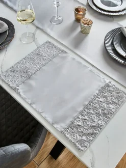 Tafellinnen En Placemats *Catherine Lansfield Set van 4 Deco Pailletten Eetkamer Placemats Zilver