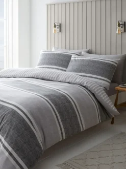 Catherine Lansfield|Catherine Lansfield Textured Banded Stripe Reversible Duvet Cover Set Antraciet
