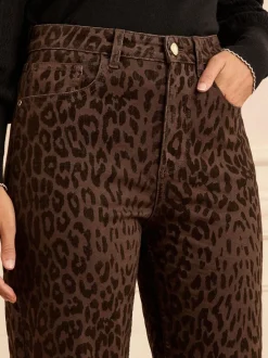 Jeans|Love & Roses Chocolade Bruin Luipaard Print met fluweel - cropped jeans met wijde pijpen