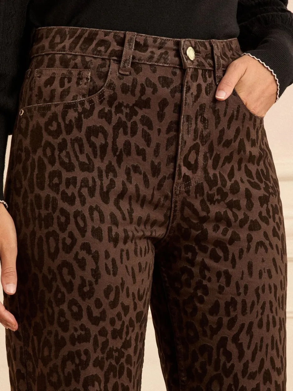 Jeans|Love & Roses Chocolade Bruin Luipaard Print met fluweel - cropped jeans met wijde pijpen
