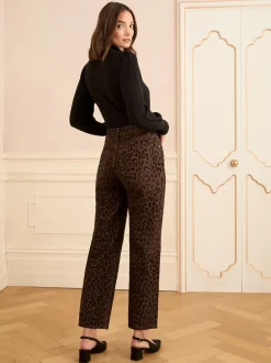 Jeans|Love & Roses Chocolade Bruin Luipaard Print met fluweel - cropped jeans met wijde pijpen