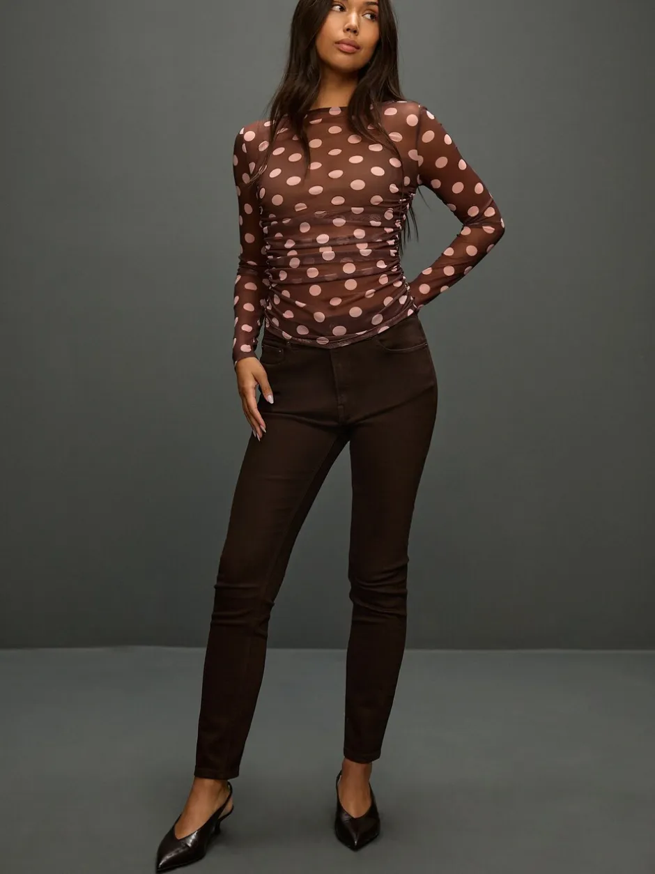 Tops En T-Shirts*Next Chocolade Bruin/Roze met stippen - Top met lange mouwen, gerimpelde zijkanten en mesh
