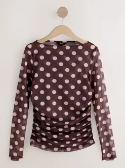 Tops En T-Shirts*Next Chocolade Bruin/Roze met stippen - Top met lange mouwen, gerimpelde zijkanten en mesh