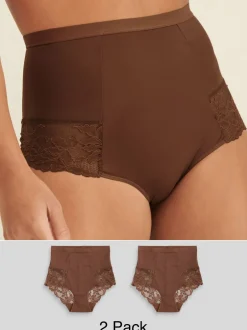 Shapewear*Next - Verpakking van 2 Braziliaanse slipjes met kanten achterkant en buikcorrigerend effect en print Chocolade nude