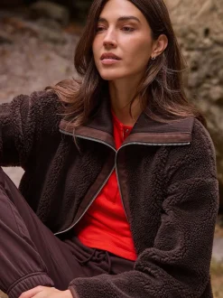 Hoody's En Sweatshirts*Next - Borg Zip Through Fleece With Rib Collar Chocoladebruin