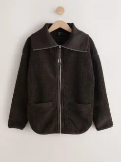 Hoody's En Sweatshirts*Next - Borg Zip Through Fleece With Rib Collar Chocoladebruin