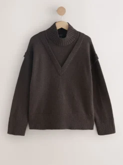 Gebreide Kleding|Next - Dubbellaagse trui van katoen/wolblend Chocoladebruin