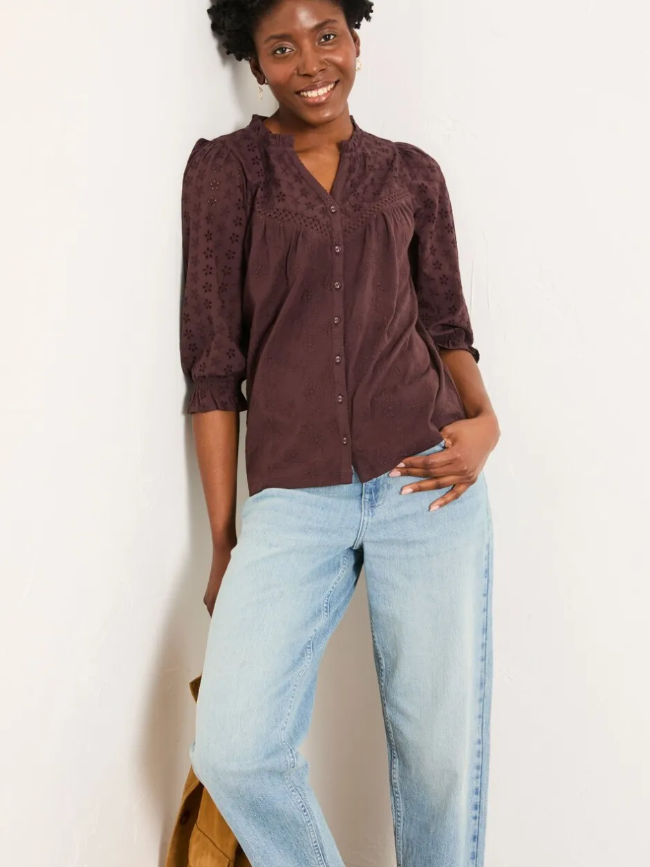 Blouses En Overhemden|Fat Face - FatFace broderietop Chocoladebruin