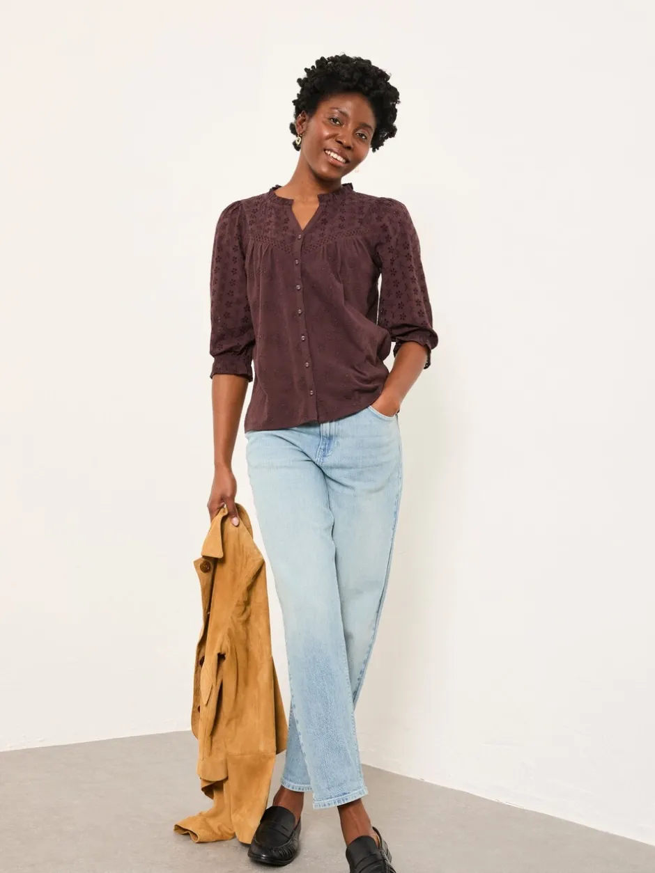 Blouses En Overhemden|Fat Face - FatFace broderietop Chocoladebruin