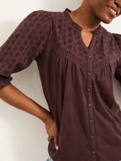 Blouses En Overhemden|Fat Face - FatFace broderietop Chocoladebruin