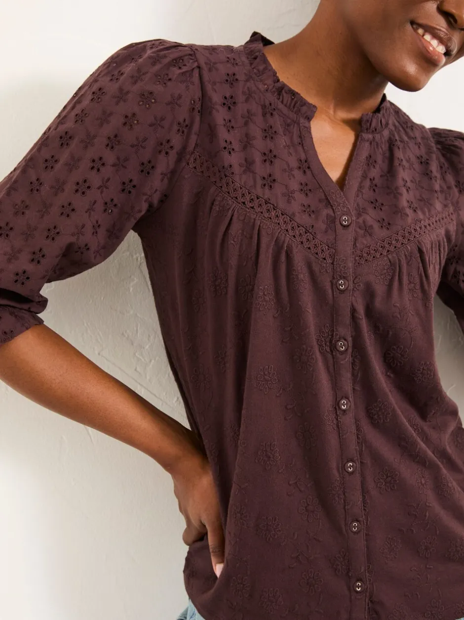 Blouses En Overhemden|Fat Face - FatFace broderietop Chocoladebruin