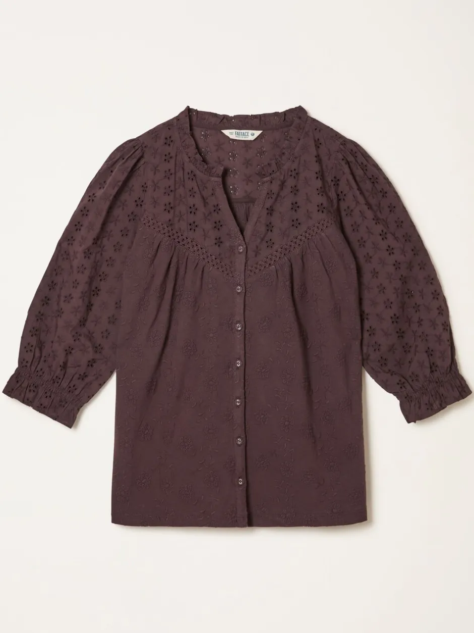 Blouses En Overhemden|Fat Face - FatFace broderietop Chocoladebruin