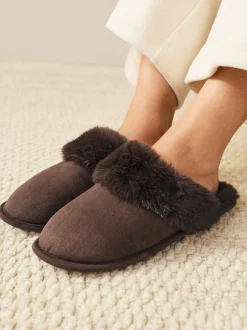 Pantoffels|Alle Nacht- En Loungekleding|Next - Faux Fur Suede Mule Slippers Chocoladebruin