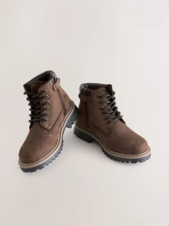 Boots|Next - Leren werklaarzen met vetersluiting Chocoladebruin