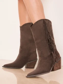 Boots|Lipsy - Faux Suede Tassel Pull On Western Calf Boots Chocoladebruin