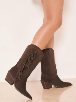 Boots|Lipsy - Faux Suede Tassel Pull On Western Calf Boots Chocoladebruin