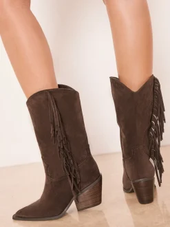 Boots|Lipsy - Faux Suede Tassel Pull On Western Calf Boots Chocoladebruin