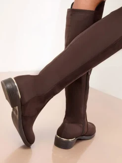 Boots|Lipsy - Faux Suede Elasticated Flat Knee High Casual Boots Chocoladebruin