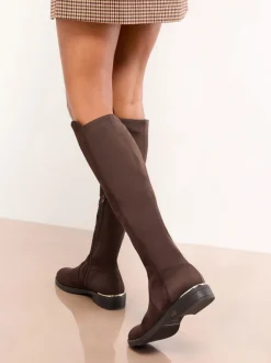 Boots|Lipsy - Faux Suede Elasticated Flat Knee High Casual Boots Chocoladebruin