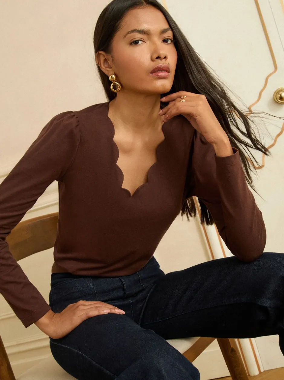 Gelegenheidskleding|Love & Roses Chocoladebruin - - Jersey top met lange mouwen en geschulpte V-hals