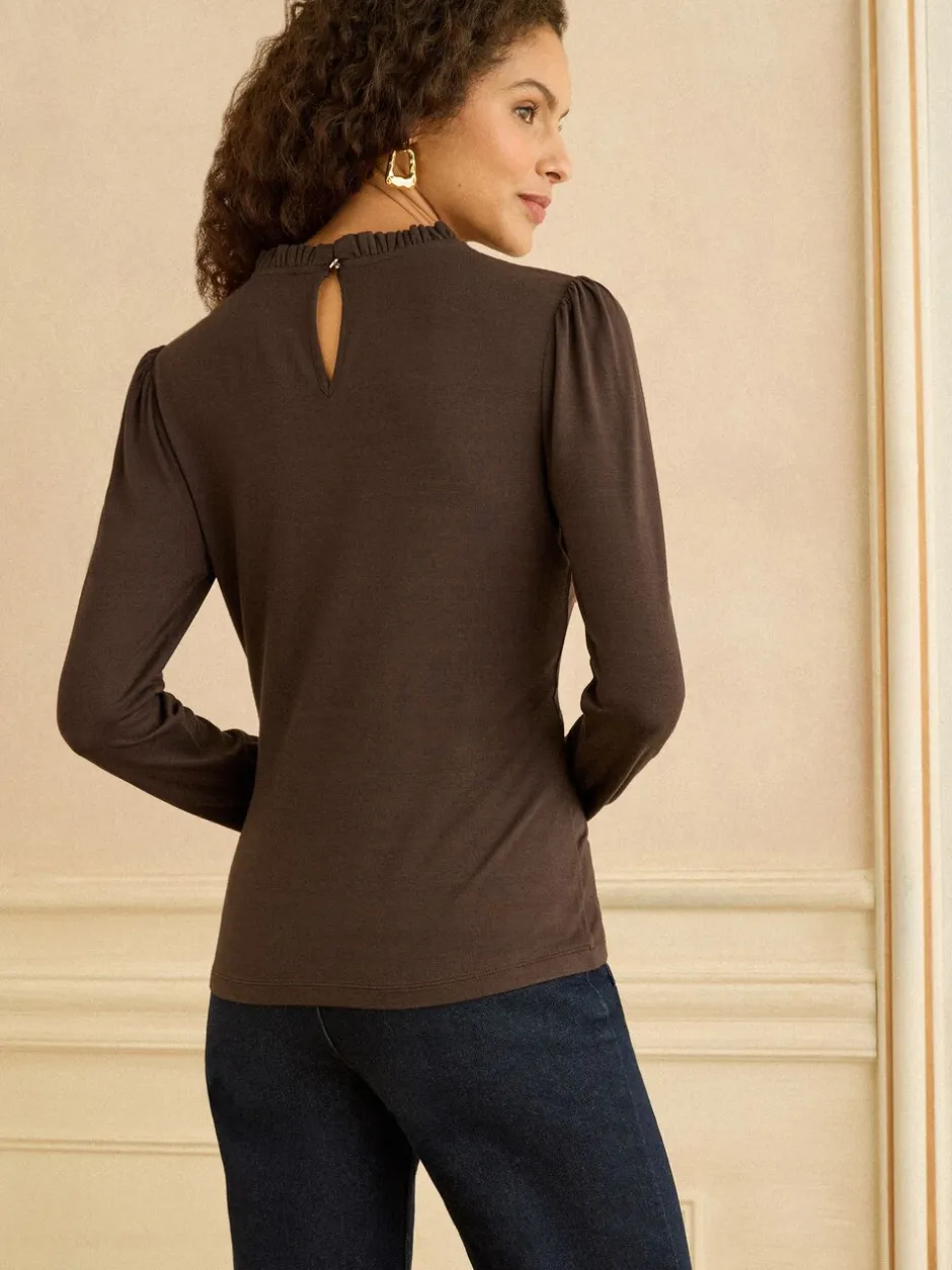 Blouses En Overhemden|Love & Roses Chocoladebruin - jersey top met ruches aan de hals en lange mouwen