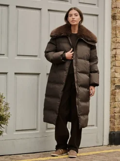 Jassen En Jacks|Next Chocoladebruin - Premium Longline Padded Coat with Faux Fur Collar