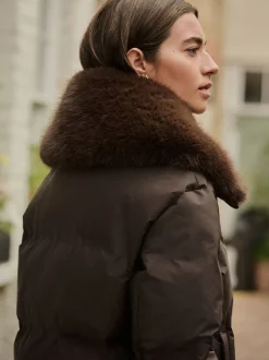 Jassen En Jacks|Next Chocoladebruin - Premium Longline Padded Coat with Faux Fur Collar
