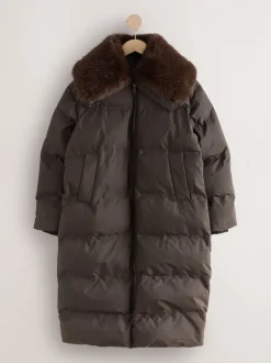 Jassen En Jacks|Next Chocoladebruin - Premium Longline Padded Coat with Faux Fur Collar