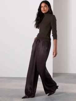Broeken*Next - Satin Tie Waist Wide Leg Trousers Chocoladebruin