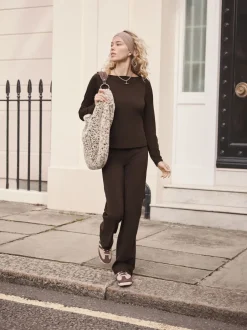 Loungewear|Leggings En Joggingbroeken|Next - Soft Touch Rib Ruched Flare Leggings Chocoladebruin