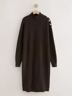 Gebreide Kleding|Jurken*Next - Stand Neck Knitted Midi Jumper Dress Chocoladebruin